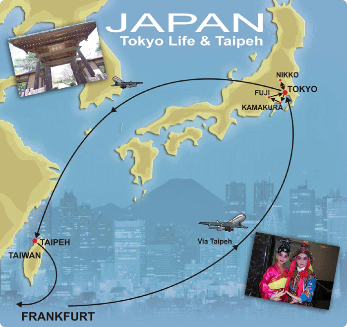 Karte der Tokyo und Taiwan Städtereise Reiseroute