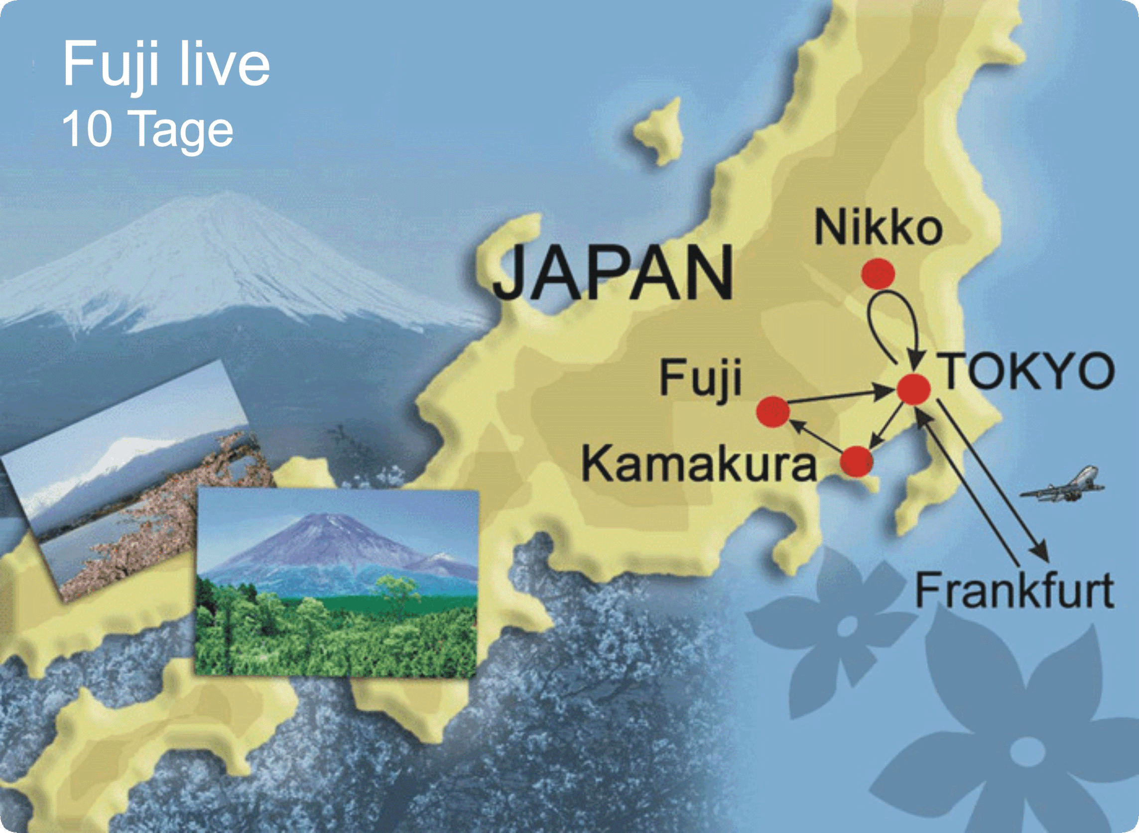 Karte der Reiseroute mit Fuji Besteigung